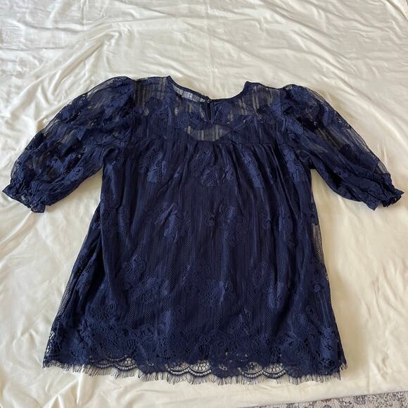 Blue Lace Overlay Sweetheart Neckline Blouse Plus Sz 2X Cruise Coastal Beach - Picture 2 of 13